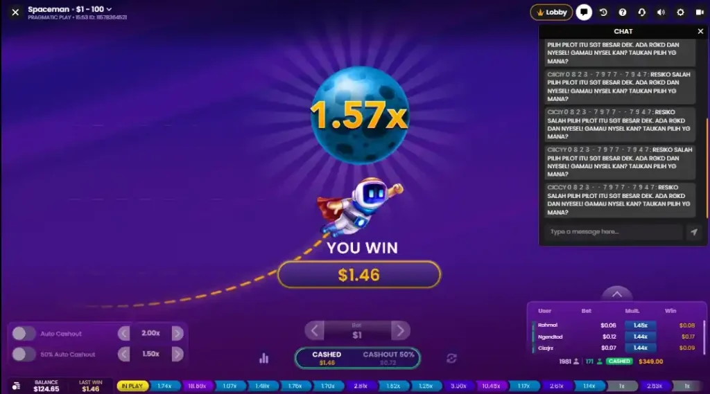 Spaceman round reaching 1.57x before crash