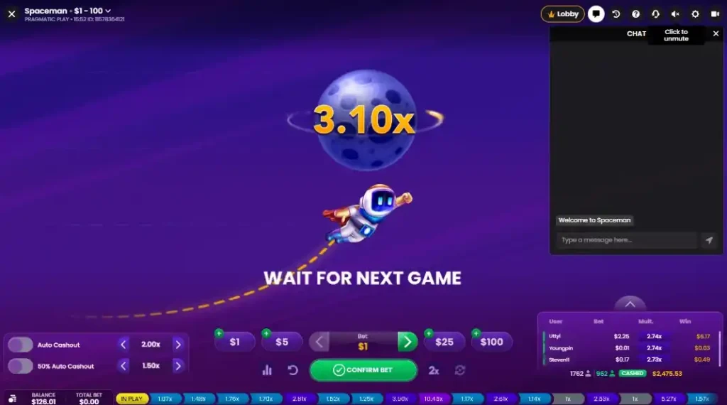 Spaceman multiplier rising above 3.10x in live round