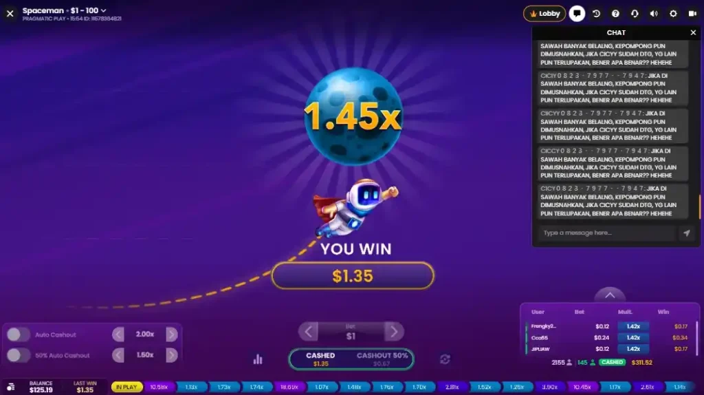 Spaceman multiplier rising toward 1.45x mid-game