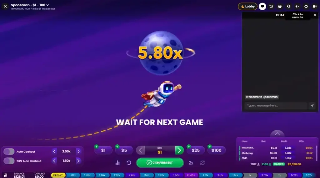 Animasi crash Spaceman menunjukkan kurva pengganda yang meningkat