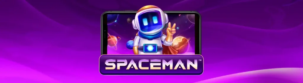 Spaceman banner strip with logo on purple background