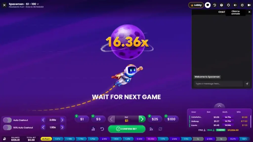 Spaceman crash round ending at 16.36x multiplier