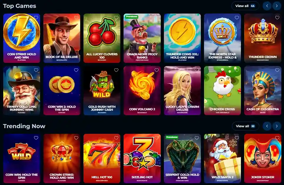 Top slot games at Piper Spin Casino with popular and trending titles