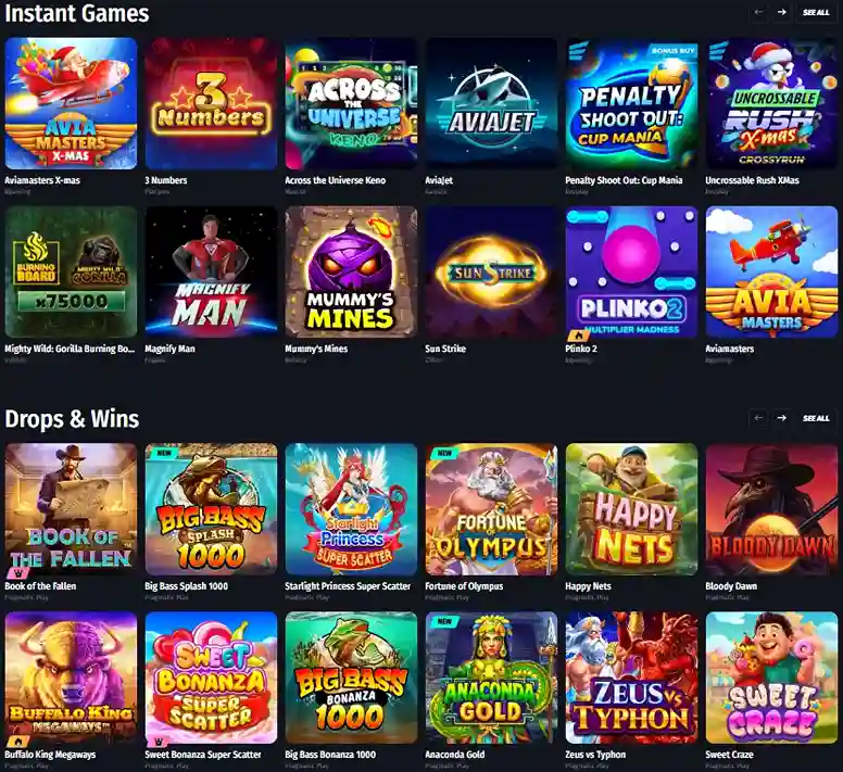 WinShark Casino game library with instant games, drops and wins slots, and popular titles
